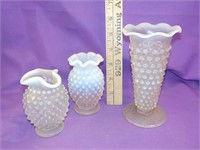 3 White opalescent hobnail items