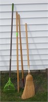 HOE, AMES SHRUB RAKE, BROOM, WOODEN SHOVEL HANDLE