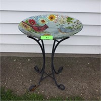 GLASS BIRDBATH ON METAL STAND   18 x 18 x 24