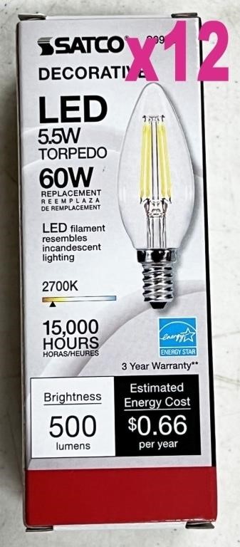 12pc Satco led filament bulbs, candelabra base,