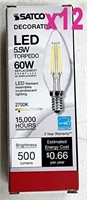 12pc Satco led filament bulbs, candelabra base,