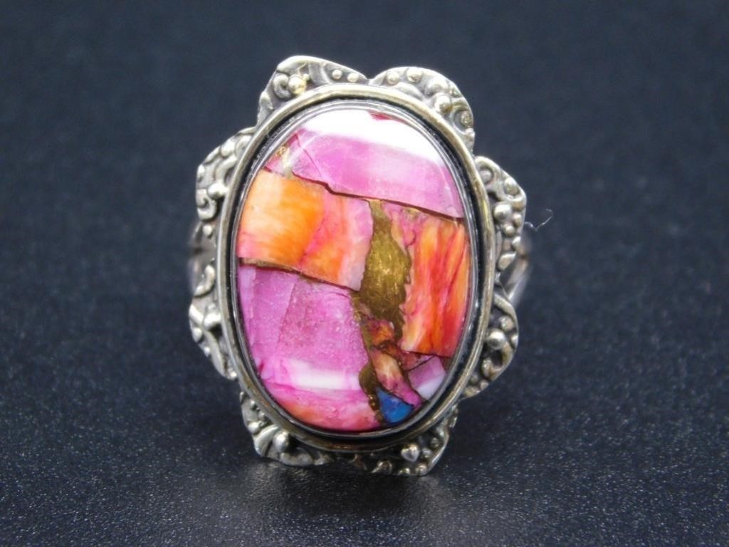 PINK DAHLIA TURQUOISE STERLING SILVER RING SIZE 6.