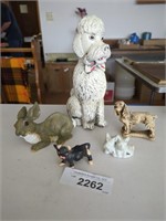 Ceramic poodle, rabbit, cow, & other dogs