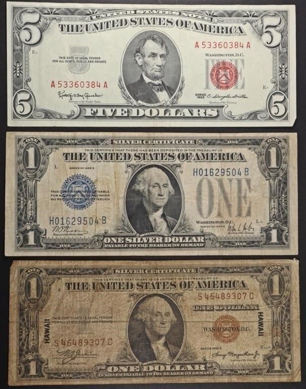 1928B & 1935A (HAWAII) $1 SILVER CERTS, 1963 $5 US