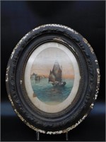 FRAMED PAINTING OF SAIL BOAT VINTAGE ANTIQUE