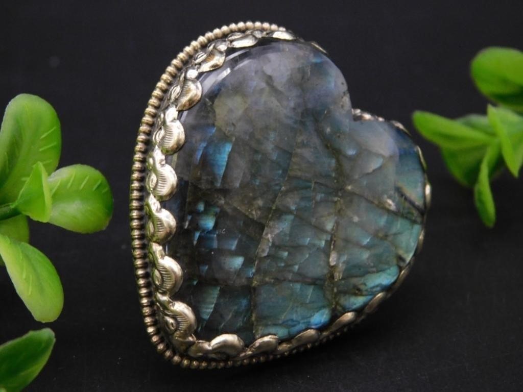 LABRADORITE HEART ADJUSTABLE RING INTRICATE TOOLIN