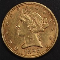 1892 $5 GOLD LIBERTY AU/BU