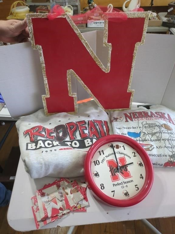 Nebraska Husker sweatshirts, Clock, baseball