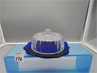 Blue and Clear Depression Glass Butter Dish w/ Lid