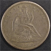 1862-S SEATED LIBERTY HALF DOLLAR NICE ORIGINAL AU