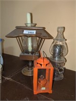 3 lamps, wood candle lamp, tin medal orange