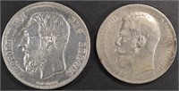 1870 BELGIUM 5 FRANCS & 1898 RUSSIAN ROUBLE
