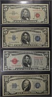 (2) $5 US NOTES & (2) SILVER CERTIFICATES