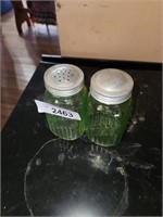 2 Vintage Glass Ribbed Green Depression Salt &