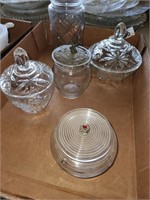 5 Vintage Etched Glass Jars, 1 w/ lid