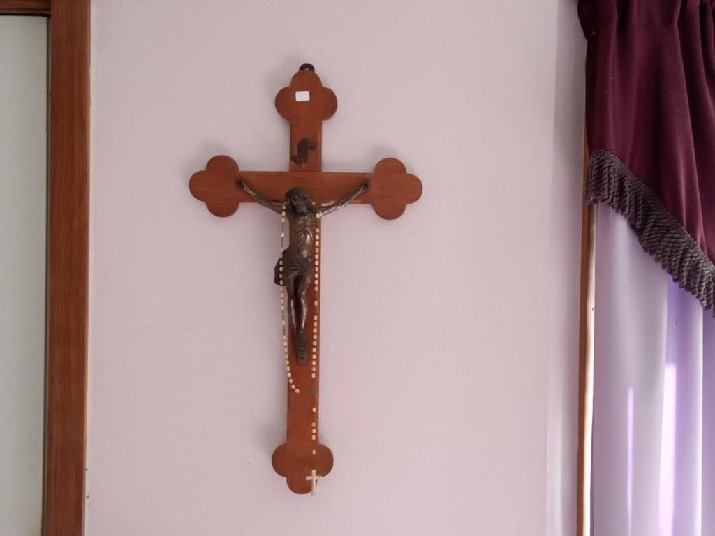 antique oak crucifix with rosary