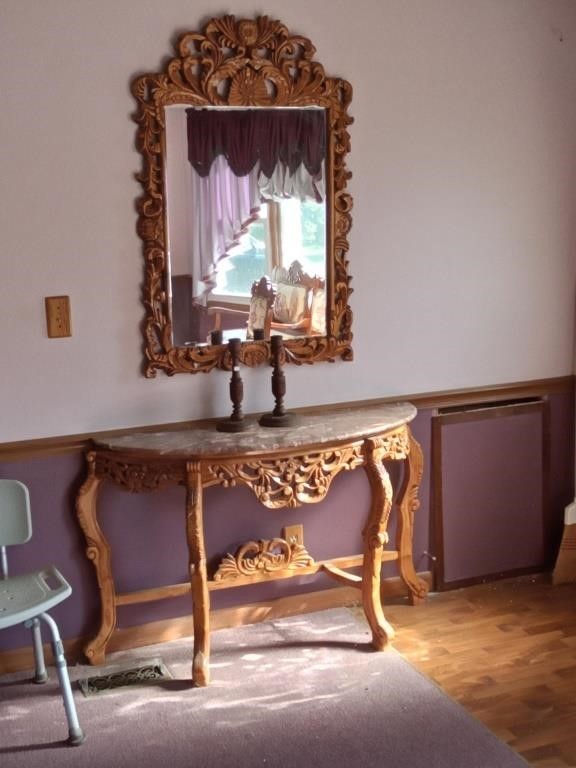 ornate carved wood hall table & mirror