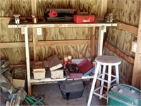 contents of wood storage shed - table,tools etc