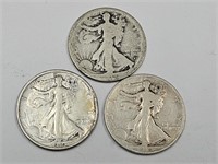 3 - 1919 Silver Walking Liberty Half Dollar Coins