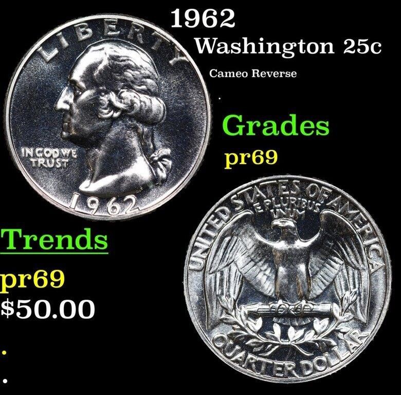 Proof 1962 Washington Quarter 25c Grades GEM++ Pro