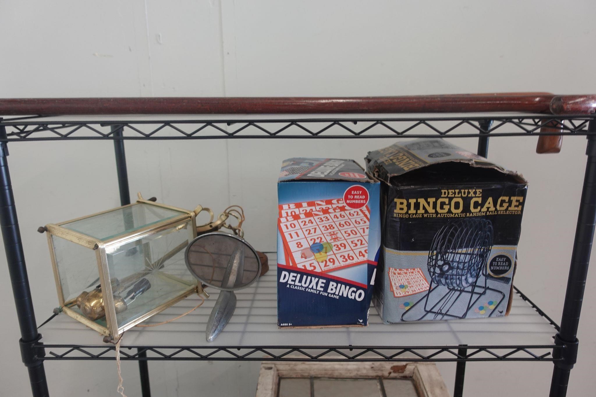 Vintage outdoor light, bingo cage and deluxe bingo