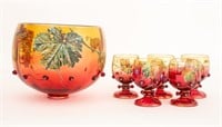 Bohemian Amberina Glass Punch Bowl & Glasses, 6