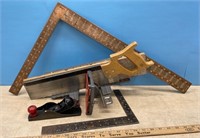 Stanley mitre saw, copper square & wood Plane
