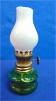Miniature Green Glass Oil Lamp With Milk