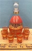 Vintage Hand Panted Decanter & 6 Aperitif Glasses