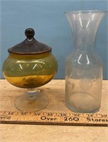 Etched Amber Glass Pedestal Dish & Vase