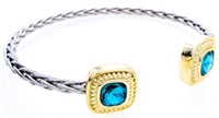 Cuff Bangle Bracelet Rhodium Bezel Set Blue Topaz