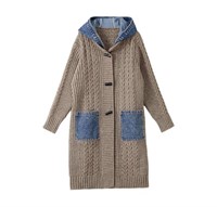 LONG KNITTED COAT WITH A DENIM HOOD AND POCKETS
