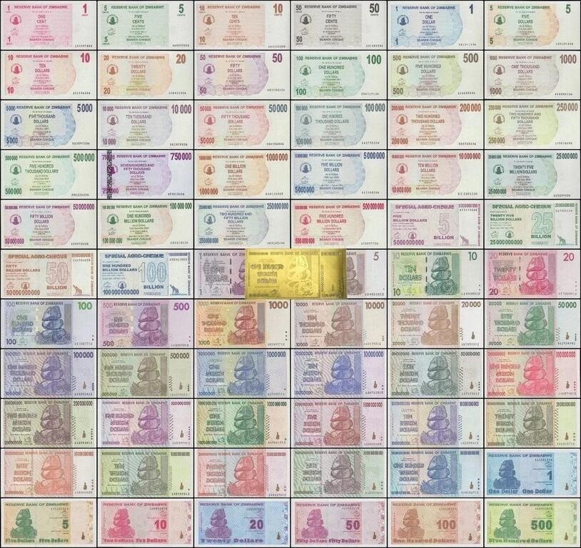 Zimbabwe 1 Cent - 100 Trillion Dollars 66 Pieces F
