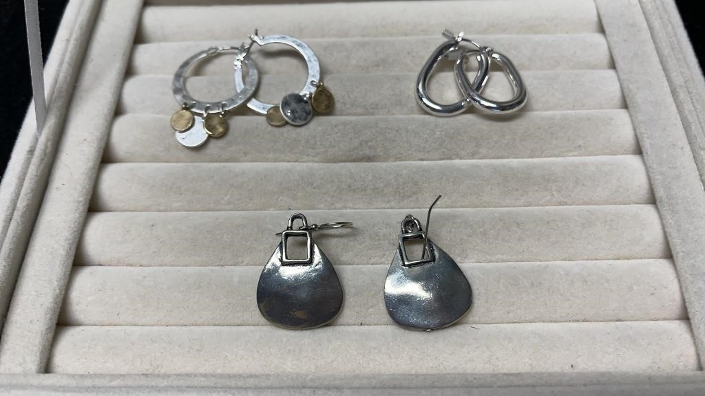 3 Pairs Silver Tone Pierced Earrings