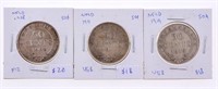 Lot 3 NFLD 1908,1911,1919 Sterling Silver 50 cents