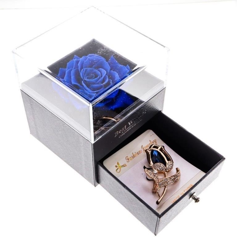 Single Blue Rose Gift Box w/ Crystal Rose Pin