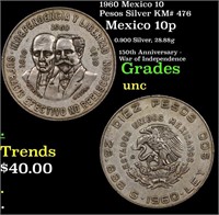 1960 Mexico 10 Pesos Silver KM# 476 Grades Brillia