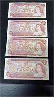 4 Canadian 1974 Two Dollar Bills