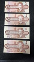 4 Canadian 1986 Two Dollar Bills