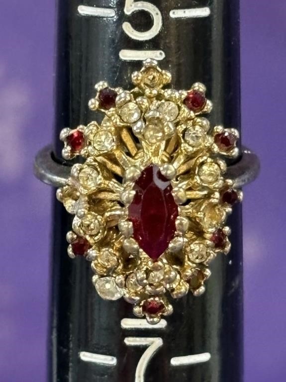 Red Stone and Diamond (?) Ring