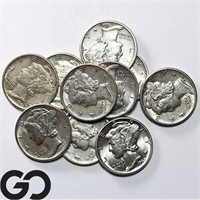 10-coin Lot Mercury Dimes, 90% Silver, AU/BU