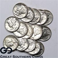 15-coin Lot Mercury Dimes, 90% Silver, AU/BU