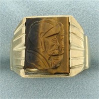 Mens Carved Roman Soldier Tiger's Eye Ring in 10k