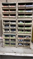 Six stacking parts bins w/contents