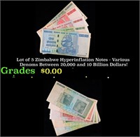 Lot of 5 Zimbabwe Hyperinflation Notes - Various D