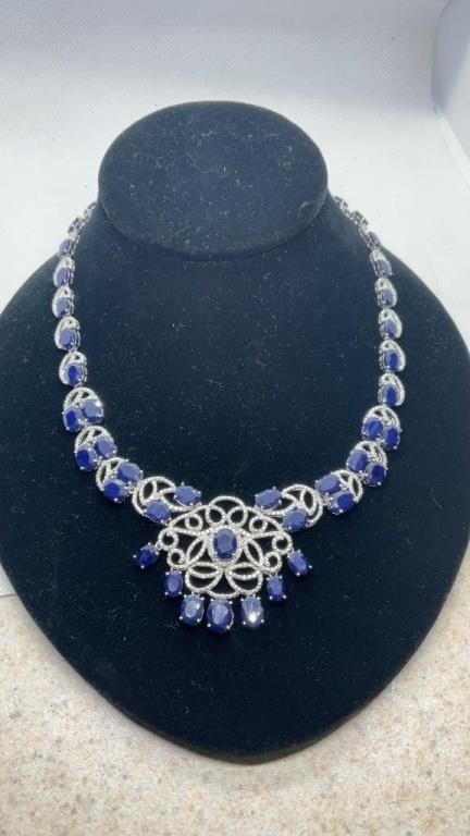 925 Silver Sapphire & Diamond 17" necklace