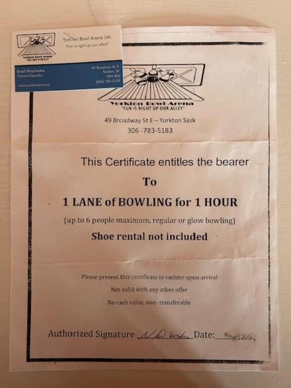 Gift Certificate for 1 Lane of Bowling for 1hr,
