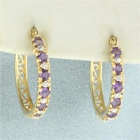 Amethyst and Diamond Hoop Earrings in 14k Yellow G