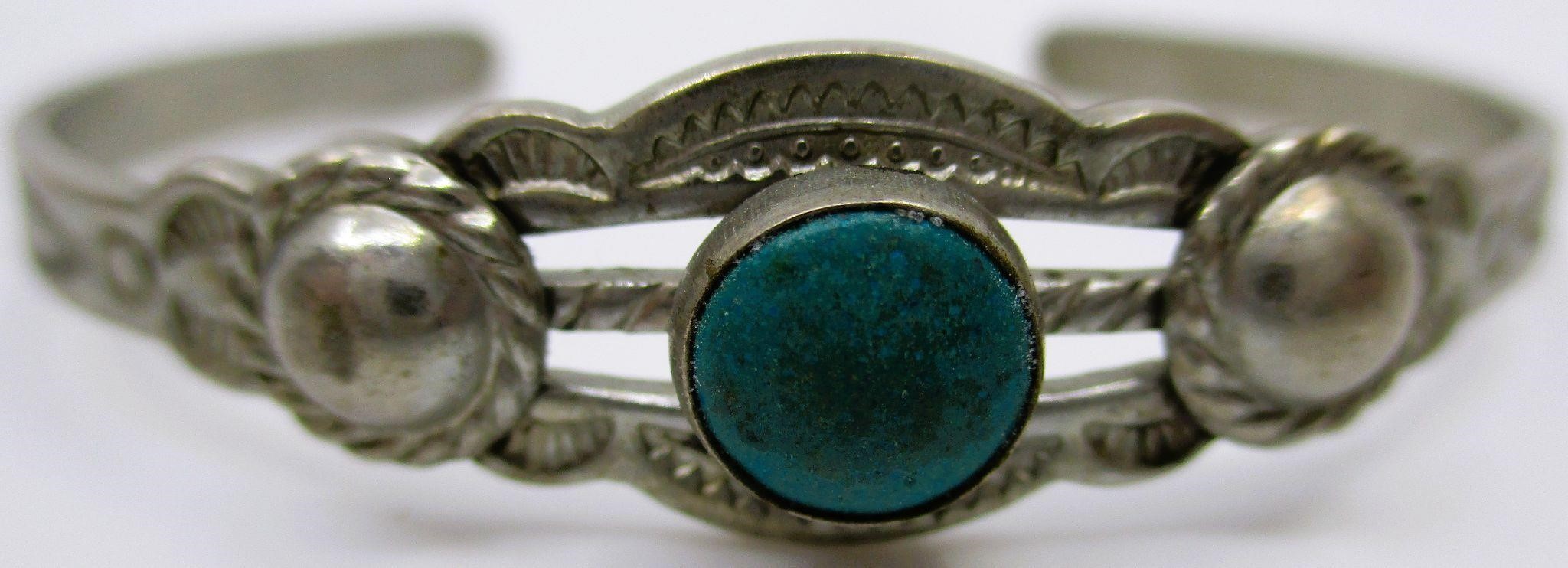 Turquoise & Silver Metal Navajo Childs Bracelet