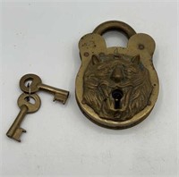 Vtg. Brass lion face padlock w/ 2 keys 1896